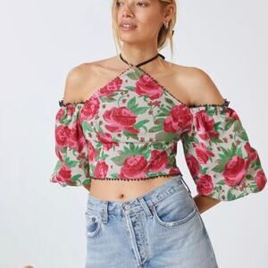 ANTHROPOLOGIE Frida Off The Shoulder Halter Blouse Crop Top Pink Floral Medium